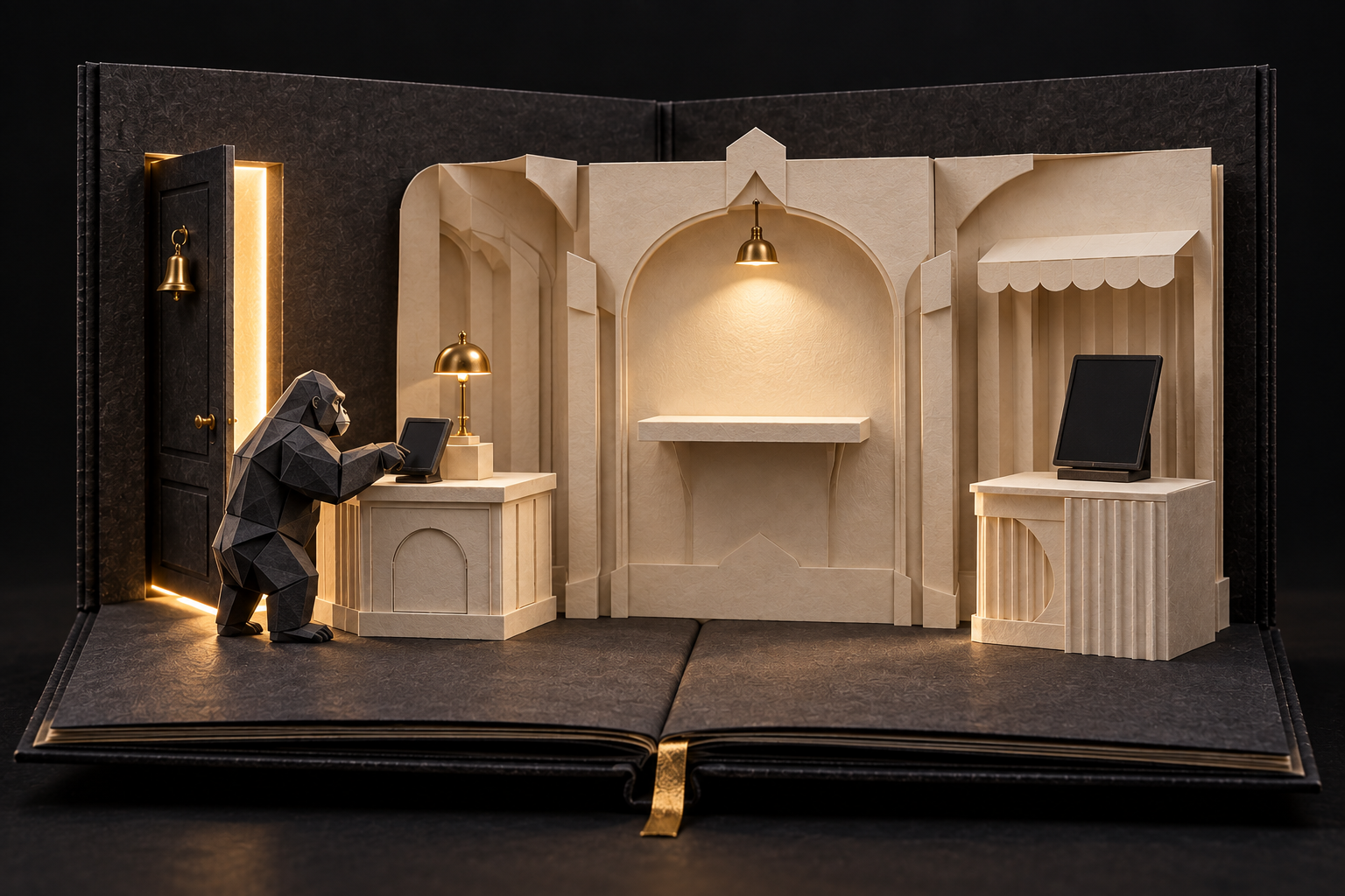 An open paper book forms a tiny shop. A paper gorilla waits at the left counter; a website screen stands on the right; one shelf sits between them.